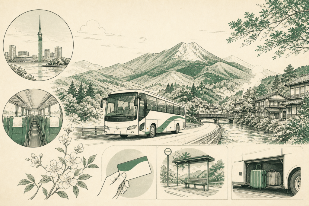 Illustration: How to Book the Fukuoka–Yufuin Highway Bus (2026): Fares, Stops, and SUNQ Pass Rules