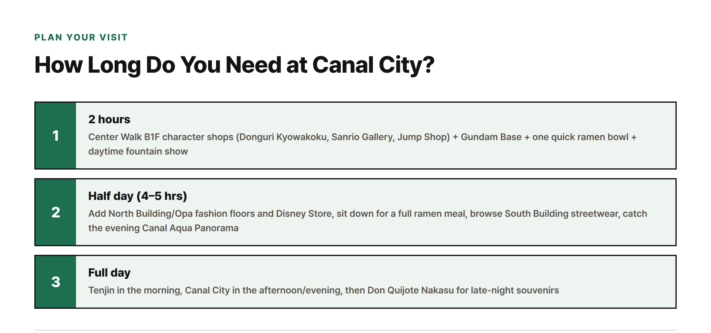 Three-step guide showing what to do at Canal City Hakata with 2 hours, a half day, or a full day available.